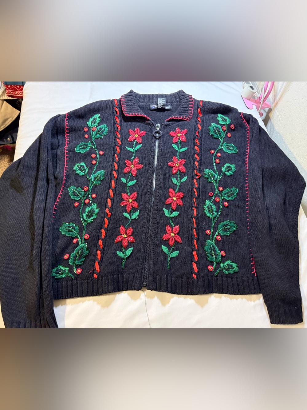 Black Poinsettia Embroidered Zip-Up Cardigan Sweater